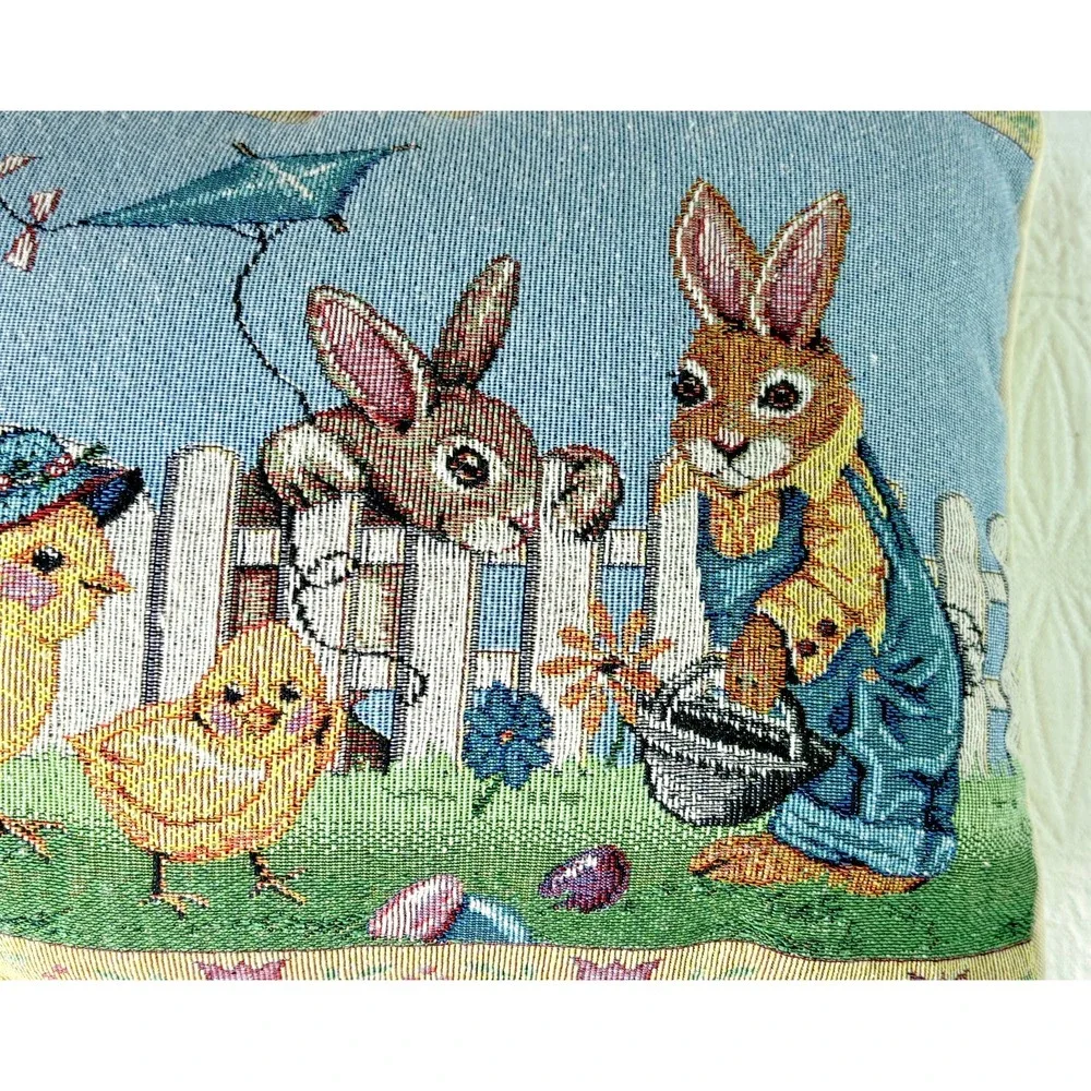 Vintage Tapestry Easter Pillow Rabbits Chicks Farm Scene Needlepoint Style Decor